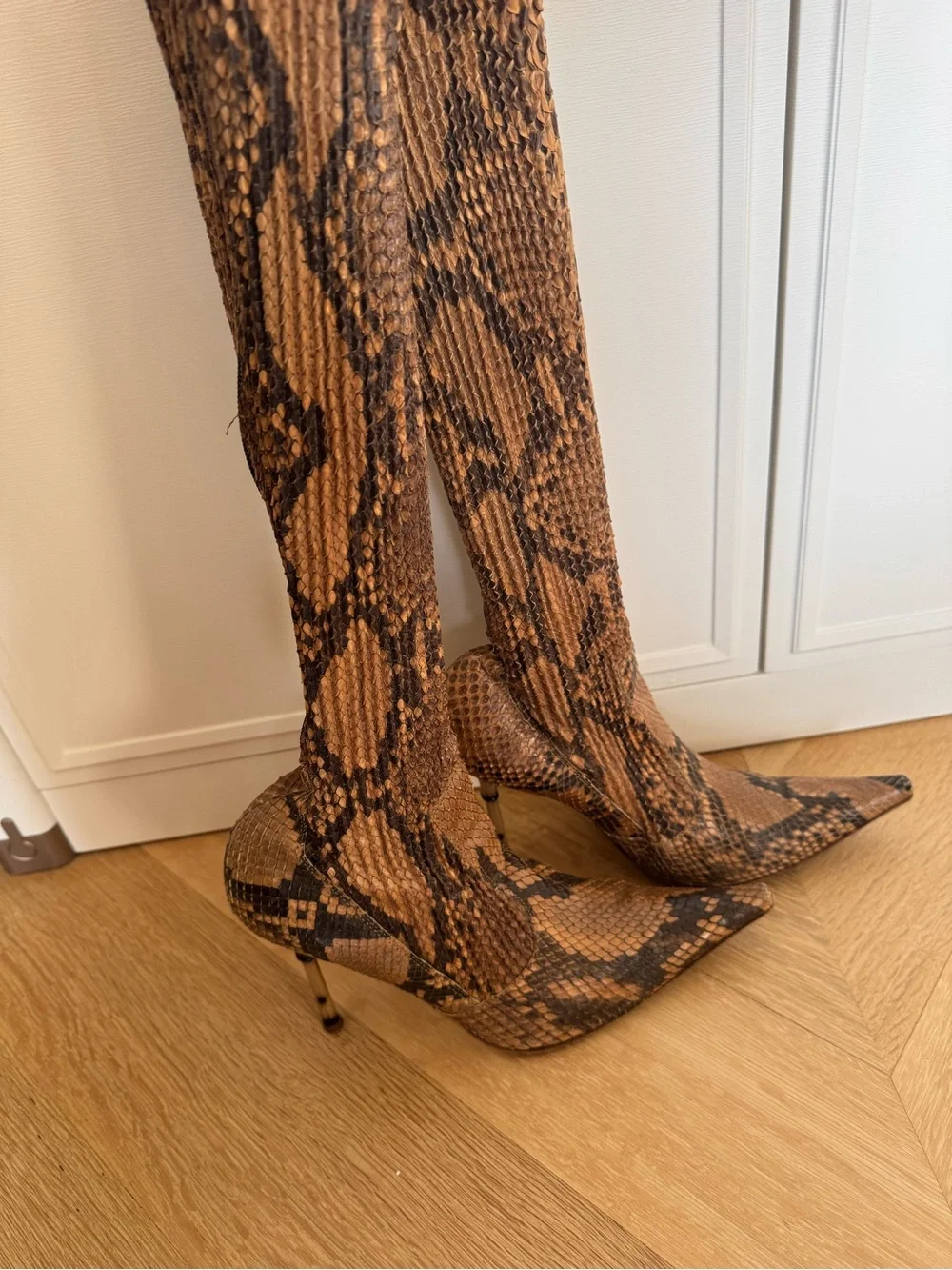 Giorgio Armani Brown & Black Snake-Print Over-the-Knee Pointed Boots